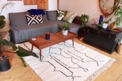 Living Room Shot of Black and White Beni Ouarain Moroccan Rug - Journey