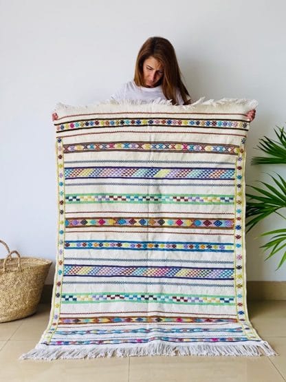 Multicoloured Moroccan Kilim Rug - Chenille Kilim - Pastel