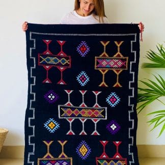 Black Moroccan Rug with Colourful Berber Designs - Chenille Kilim - Noir