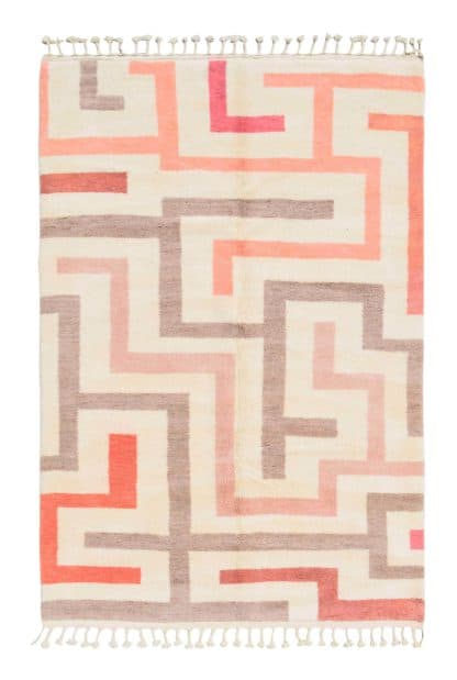 Full shot of a Beni Ourain Moroccan Rug with a bold cream, beige and pink maze design.