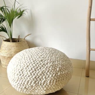 Ivory Braided Pouf with a plant and a wooden ladder in the background